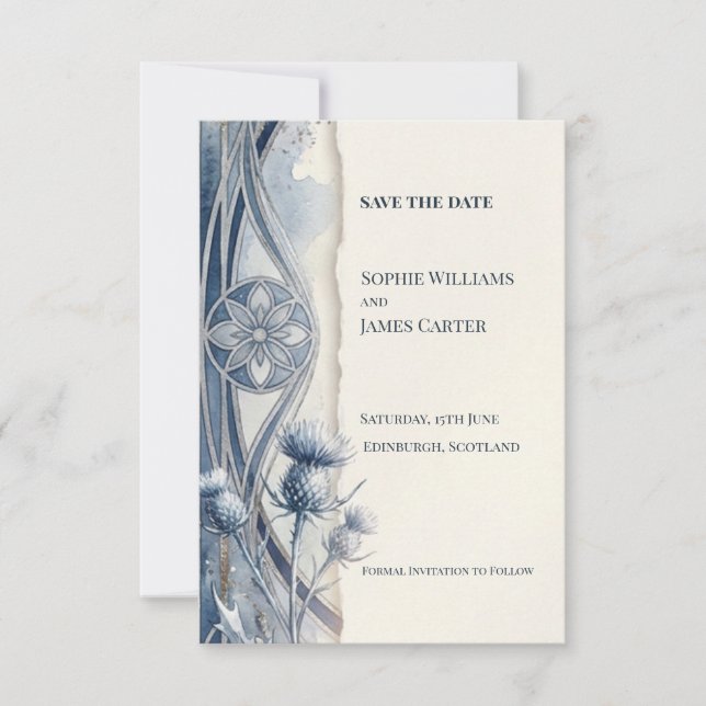 Blaues Floral Nouveau Save The Date (Vorderseite)