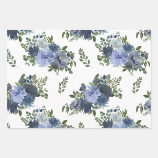 blaues Floral Wrapping Paper Blatt Set 3