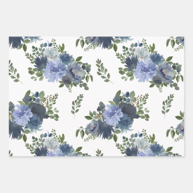 blaues Floral Wrapping Paper Blatt Set 3 (Vorderseite)