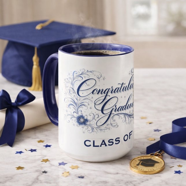 Blaues florales Abschluss-Skript mit individuellem Tasse (Von Creator hochgeladen)