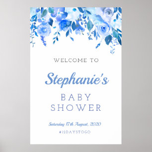 Blaues florales Babyshower-Schild, Taufbegrüßung Poster