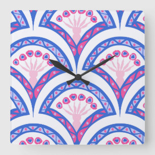 blaues florales Damastmuster Quadratische Wanduhr