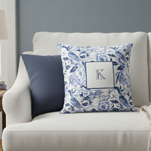 Blaues florales französisches Landhaus-Monogramm  Kissen