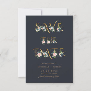 blaues florales Goldskript-Foto Save the Date Einladung