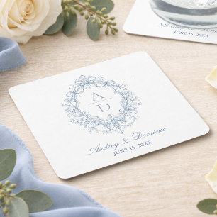 Blaues florales Hochzeitsmonogramm Rechteckiger Pappuntersetzer