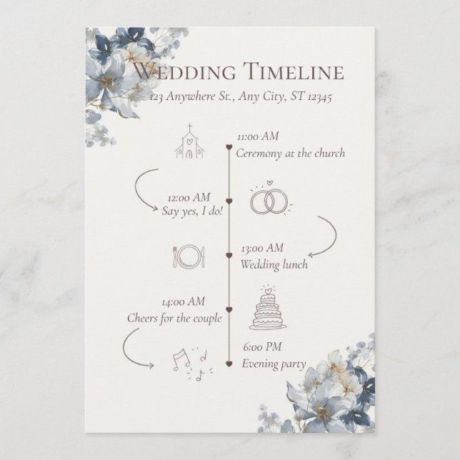 Blaues florales Hochzeitsprogramm und Zeitplan  Programm (Vorderseite)