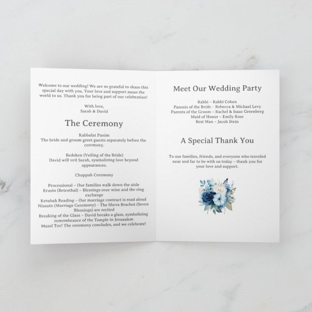 Blaues florales jüdische Hochzeitsprogramm Programm (Innenseite)