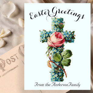 Blaues Florales Kreuz Vintage Ostern Religiös Postkarte