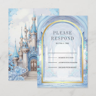 Blaues florales Märchenschloss Hochzeit RSVP Karte