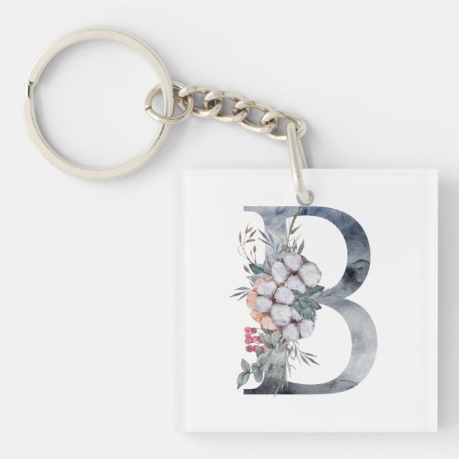 Blaues florales Monogramm Initial B Schlüsselanhänger (Vorderseite)