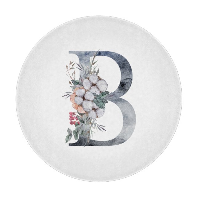 Blaues florales Monogramm Initial B Schneidebrett (Vorderseite)