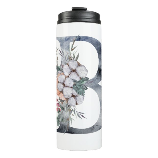 Blaues florales Monogramm Initial B Thermosbecher (Vorderseite)