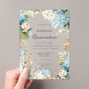 Blaues Florales Quinceañera Elegantes Jubiläum 15 Acryleinladungen