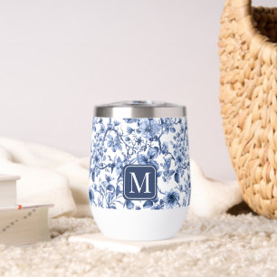 Blaues florales Vintage-Toile-Muster-Monogramm