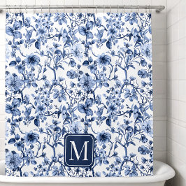 Blaues florales Vintage-Toile-Muster-Monogramm Duschvorhang