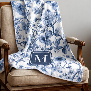 Blaues florales vintage Toile-Muster-Monogramm Fleecedecke