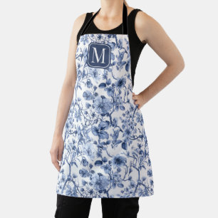 Blaues florales Vintage-Toile-Muster-Monogramm Schürze
