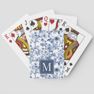 Blaues florales Vintage-Toile-Muster-Monogramm Spielkarten