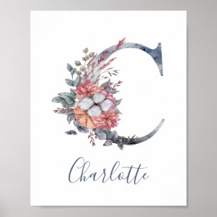 Blaues florales Wasserfarben-Monogramm C Nachname Poster
