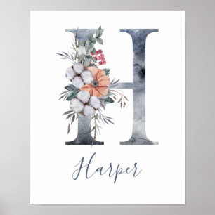 Blaues florales Wasserfarben-Monogramm H Name Poster