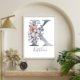 Blaues florales Wasserfarben-Monogramm K Name Poster
