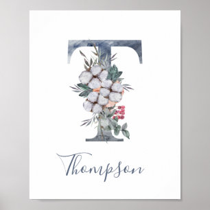 Blaues florales Wasserfarben-Monogramm T Nachname  Poster