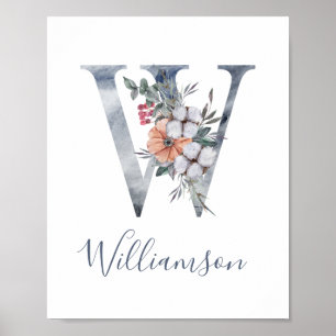 Blaues florales Wasserfarben-Monogramm W Nachname Poster