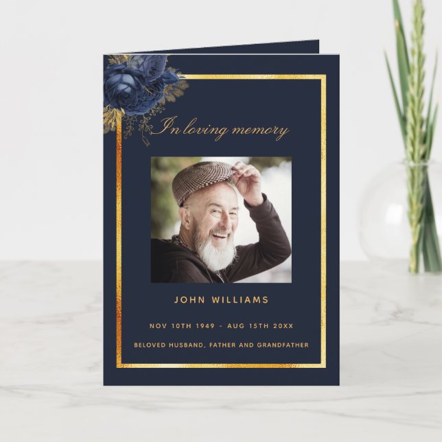 Blaues Foto Blütenklassiker Beerdigungsprogramm Dankeskarte (Vorderseite)