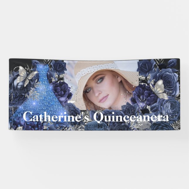 Blaues Foto Glitzer Schmetterling Quinceanera Banner (Horizontal)