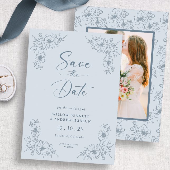 Blaues Foto Save the Date (Blue Floral Photo Save The Date
)