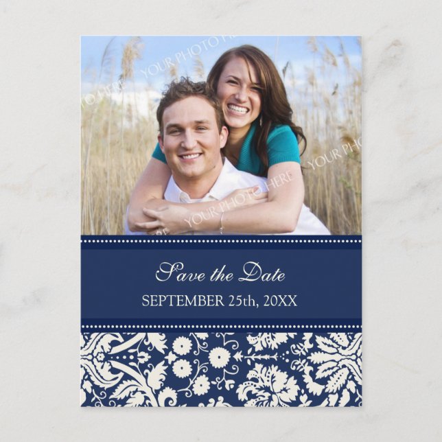 Blaues Foto Save the Date Hochzeitskarten Ankündigungspostkarte (Vorderseite)
