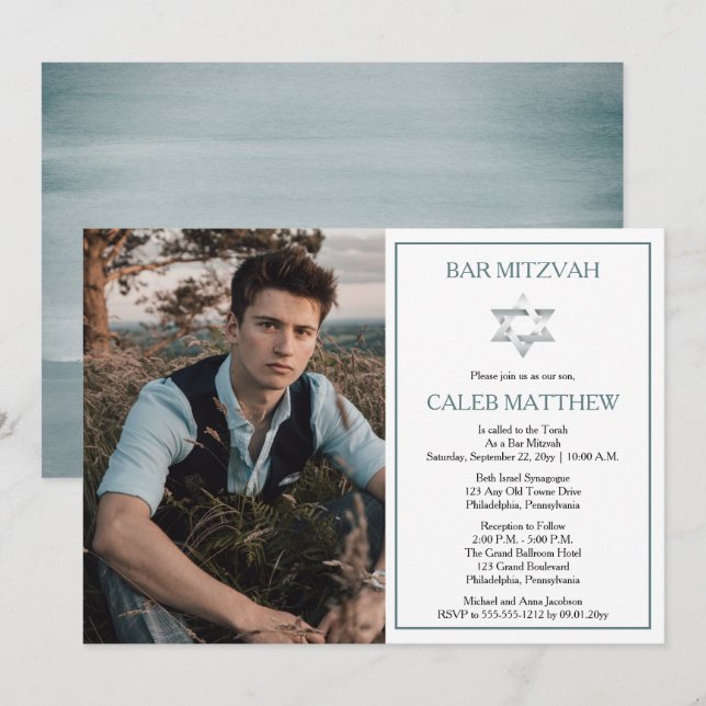 Blaues Foto | Star von David Bar Mitzvah Einladung (Vorne/Hinten)