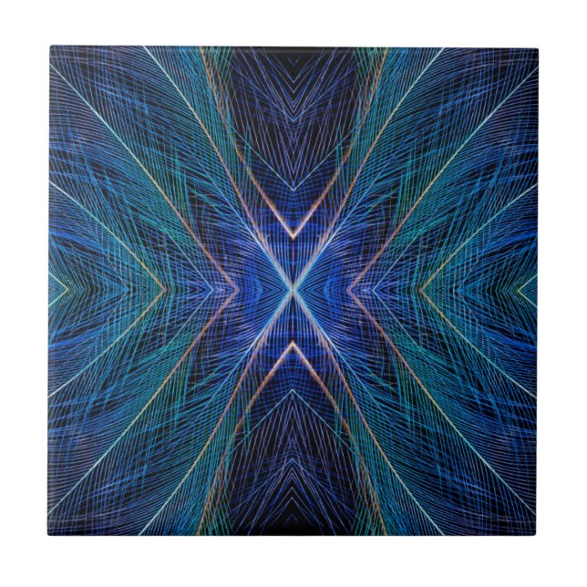 Blaues Fraktal-Feder-Design Fliese (Vorderseite)