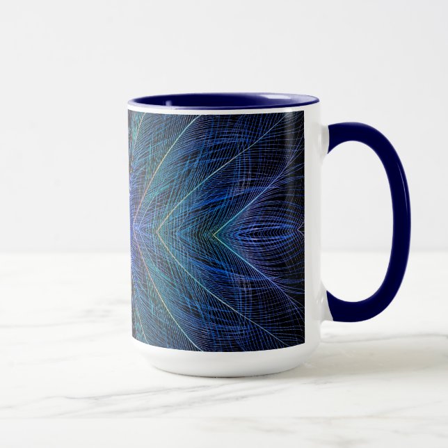 Blaues Fraktal-Feder-Design Tasse (Rechts)
