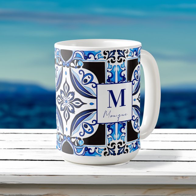 Blaues französisches Brautparty bevorzugt Monogram Kaffeetasse (Blue French Mediterranean Tile bridal shower favors monogram Coffee Mug bridal party gifts )