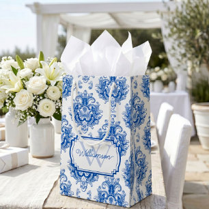 Blaues französisches Damast-Toile-Muster Name Mono Kleine Geschenktüte