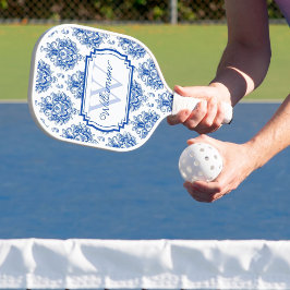 Blaues französisches Damast-Toile-Muster Name Mono Pickleball Schläger