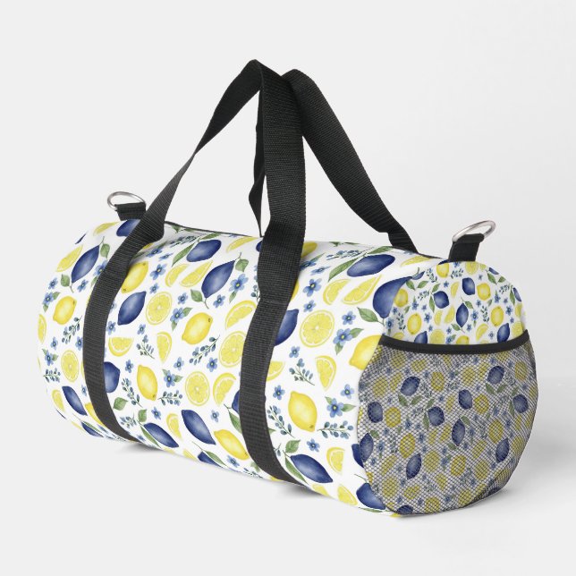 Blaues französisches Land-Lemonen-Muster  Duffle Bag (Rechte Ecke)