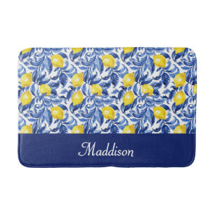 Blaues französisches Land-Lemonen-Muster-Monogramm Badematte