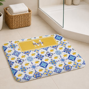 Blaues französisches Land-Lemonen-Muster Monogramm Badematte