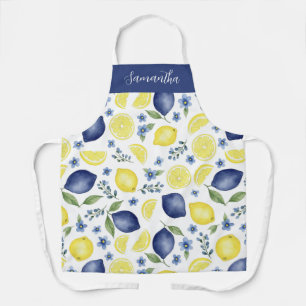 Blaues französisches Land-Lemonen-Muster-Monogramm Schürze