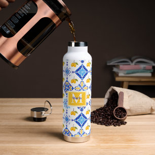 Blaues französisches Land-Lemonen-Muster Monogramm Trinkflasche