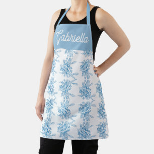 Blaues französisches Toile-Blumenmuster Name Schürze