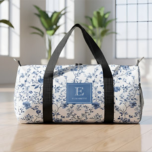 Blaues französisches Toile-Muster Monogramm Name E Duffle Bag