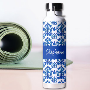 Blaues französisches Toile-Muster Monogramm Name Trinkflasche