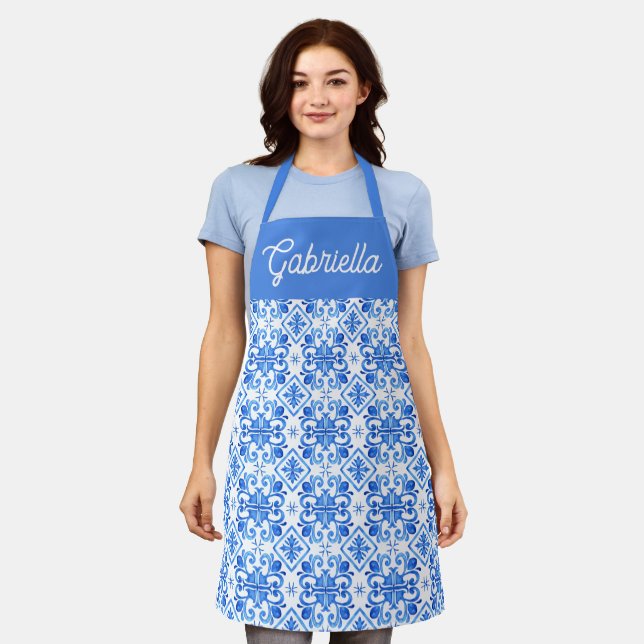 Blaues französisches Toile-Muster Name Schürze (Getragen)