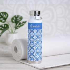 Blaues französisches Toile-Muster Name Trinkflasche