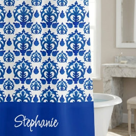 Blaues französisches Toile-Muster Namens-Monogramm Duschvorhang