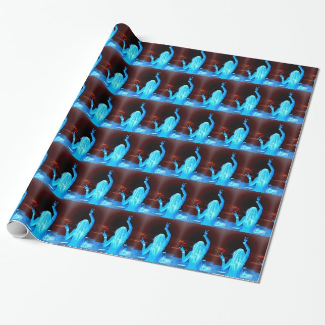 Blaues Friedenszeichen schwingende Hippie-Mädchen Geschenkpapier (Ungerollt)