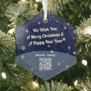 Blaues Frohes Weihnachtsfest Firmenname QR-Code vi Ornament Aus Glas